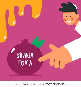 Rosh Hashanah. Jüdische Neujahrskarte, Umschlag, Feiertagswebbanner, Poster. Granatapfel mit jüdischem Jungen und Honig. Flache Vektorgrafik im Cartoonstil.