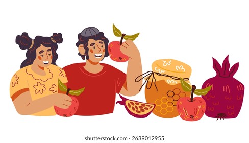 Rosh Hashanah Jewish New Year holiday banner or card design element with Jewish kids characters, flat vector illustration isolated on white.