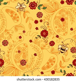 Rosh Hashanah (Jewish New Year) seamless pattern background. Hand drawn elements and hebrew text "Happy New Year" and " Happy holiday".