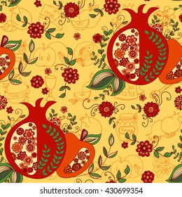 Rosh Hashanah (Jewish New Year) seamless pattern background. Hand drawn elements and hebrew text "Happy New Year" and " Happy holiday". Rosh Hashanah symbols. Vector illustration