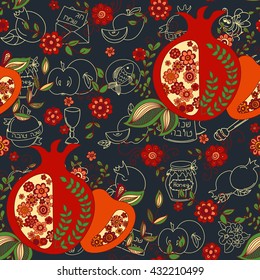 Rosh Hashanah (Jewish New Year) seamless pattern background. Hand drawn elements and hebrew text "Happy New Year" and " Happy holiday". Rosh Hashanah symbols. Vector illustration