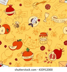 Rosh Hashanah (Jewish New Year) seamless pattern background. Hand drawn elements and hebrew text "Happy New Year" and " Happy holiday". Rosh Hashanah symbols. Vector illustration