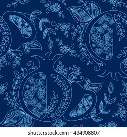 Rosh Hashanah (Jewish New Year) seamless pattern background. Hand drawn elements and hebrew text "Happy New Year" and " Happy holiday". Rosh Hashanah symbols. Vector illustration