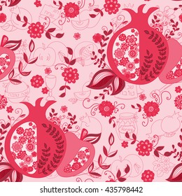 Rosh Hashanah (Jewish New Year) seamless pattern background. Hand drawn elements and hebrew text "Happy New Year" and " Happy holiday". Rosh Hashanah symbols. Vector illustration