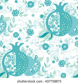 Rosh Hashanah (Jewish New Year) seamless pattern background. Hand drawn elements and hebrew text "Happy New Year" and " Happy holiday". Rosh Hashanah symbols. Vector illustration