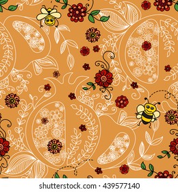 Rosh Hashanah (Jewish New Year) seamless pattern background. Hand drawn elements and hebrew text "Happy New Year" and " Happy holiday". Rosh Hashanah symbols. Vector illustration