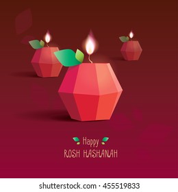 Rosh Hashanah jewish new year greeting card with red decorative polygonal apple shaped candles vector illustration