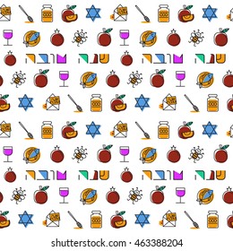 Rosh Hashanah (Jewish New Year) seamless pattern background. Hebrew text "Happy New Year". Rosh Hashanah symbols. Vector illustration