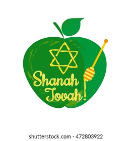 Rosh Hashanah (Jewish New Year) concept. Traditional holiday symbols. Cute bright  apple, honey. Template for greeting card. Design idea with element of happy party background. Vector illustration