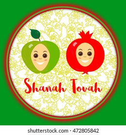 Rosh Hashanah (Jewish New Year) concept. Traditional holiday symbols. Cute bright  apple, pomegranate. Template greeting card. Design idea with element of happy party background. Vector illustration