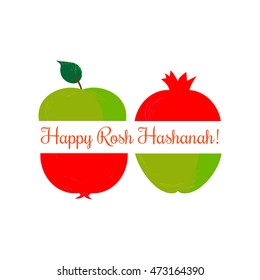 Rosh Hashanah (Jewish New Year) concept. Traditional holiday symbols. Cute bright apple pomegranate. Template for greeting card. Design idea with element of happy party background. Vector illustration