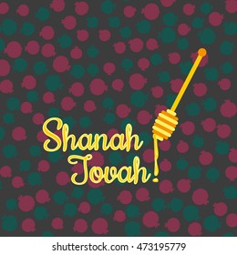 Rosh Hashanah (Jewish New Year) concept. Traditional holiday symbols. Bright honey congratulation. Pattern of apple pomegranate. Template greeting card design. Decoration element. Vector illustration