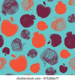 Rosh Hashanah (Jewish New Year) seamless pattern background. Hand drawn elements: apple and pomegranate.  Rosh Hashanah symbols. Vector illustration