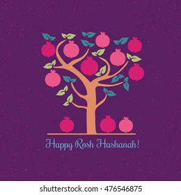 Rosh Hashanah (Jewish New Year) concept. Traditional holiday symbols. Cute bright pomegranate. Template for greeting card. Design idea with element of happy party background. Vector illustration