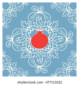 Rosh Hashanah - Jewish new year greeting card with red pomegranate . Hand drawn vector greeting card with white floral mandala on light blue background. Botanical vector ornament.