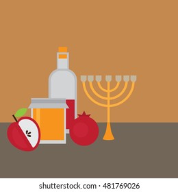 Rosh Hashanah Jewish New Year greeting card. Hebrew symbols. Judaism elements. Judaic religion