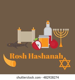 Rosh Hashanah Jewish New Year greeting card. Hebrew symbols. Judaism elements. Judaic religion