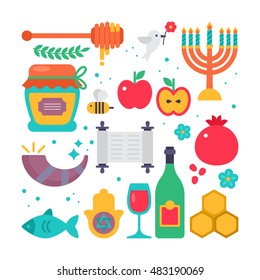 Rosh hashanah jewish new year flat modern icons set