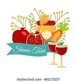 Rosh Hashanah jewish new year greeting card set design shana tova apple honey and pomegranate. Rosh Hashanah vector greeting card design for Jewish New Year. Rosh Hashanah celebration hashanah.