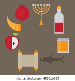 Rosh Hashanah Jewish New Year greeting card. Hebrew symbols. Judaism elements. Judaic religion