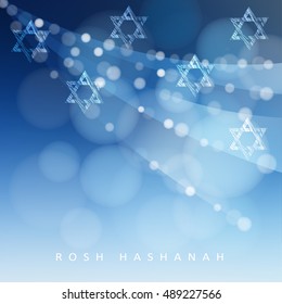 Rosh Hashanah, Jewish New Year holiday or Hannukah greeting card with lights and Jewish stars. Modern blurred vector illustration background