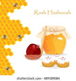 Rosh Hashanah jewish new year greeting card set design with hand drawing apple honey and pomegranate. Rosh Hashanah vector greeting card design for Jewish New Year. Rosh Hashanah celebration hashanah.