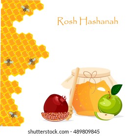 Rosh Hashanah jewish new year greeting card set design with hand drawing apple honey and pomegranate. Rosh Hashanah vector greeting card design for Jewish New Year. Rosh Hashanah celebration hashanah.