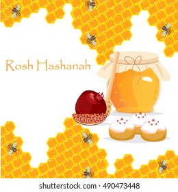 Rosh Hashanah jewish new year greeting card set design with hand drawing apple honey and pomegranate. Rosh Hashanah vector greeting card design for Jewish New Year. Rosh Hashanah celebration hashanah.