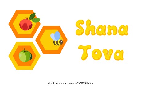 Rosh Hashanah, jewish New Year vector illustration, honeycombs and bee, apple and pomegranate, Shana Tova honey text