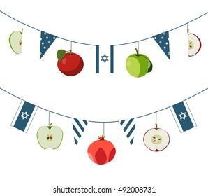 Rosh Hashanah, jewish New Year vector banners with Israeli flag, apple and pomegranate