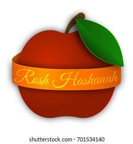 Rosh Hashanah. Jewish New Year. Vector illustration with a red apple wrapped in a gold ribbon with inscription isolated on white background. Template for greeting card, poster