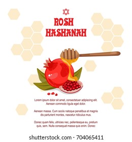 Rosh Hashanah Jewish New year greeting card set design with a pen to draw red kranat with honey. Stock vector. Celebrating Rosh Hashanah-Shanah.