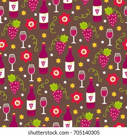 Rosh Hashanah Jewish New Year seamless pattern with wine, grape, flower on brown background. Perfect for wallpaper and greeting cards