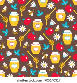 Rosh Hashanah Jewish New Year seamless pattern with honey, bee, apple, chamomile on brown background. Perfect for wallpaper and greeting cards