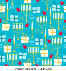 Rosh Hashanah Jewish New Year seamless pattern with menorah, candle, pomegranate,  gift on blue background. Perfect for wallpaper and greeting cards