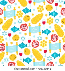 Rosh Hashanah Jewish New Year seamless pattern with fish, bread, wine, honeycomb, torah on white background. Perfect for wallpaper and greeting cards