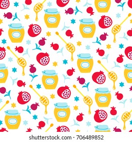 Rosh Hashanah Jewish New Year seamless pattern with honey, pomegranate, star on white background. Perfect for wallpaper and greeting cards