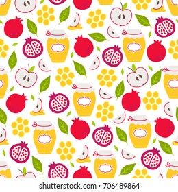 Rosh Hashanah Jewish New Year seamless pattern with pomegranate, honey, honeycomb, leaves, apple on white background. Perfect for wallpaper and greeting cards