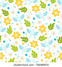 Rosh Hashanah Jewish New Year seamless pattern with dove, flower, chamomile, leaves, stars on white background. Perfect for wallpaper and greeting cards
