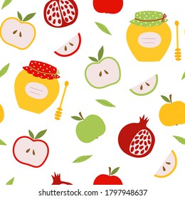Rosh Hashanah Jewish New Year.Seamless pattern with Apple, pomegranate, and honey. Vector flat illustration on a white background. For wallpaper, textiles, fabric, paper.