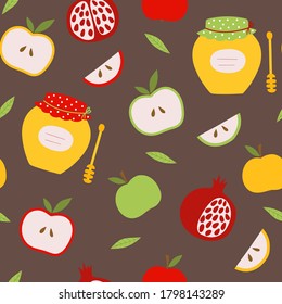 Rosh Hashanah Jewish New Year.Seamless pattern with Apple, pomegranate, and honey on a brown background. Vector flat illustration on a white background. For wallpaper, textiles, fabric, paper.