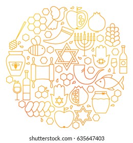 Rosh Hashanah Line Icon Circle. Vector Illustration Of Jewish New Year Objects.