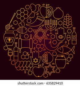 Rosh Hashanah Line Icon Concept. Vector Illustration of Jewish New Year Objects.