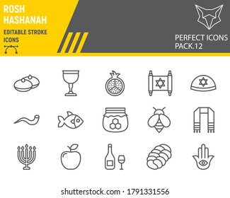 Rosh hashanah line icon set, hanukkah collection, vector sketches, logo illustrations, shana tova icons, rosh hashanah signs linear pictograms, editable stroke