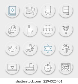 Rosh Hashanah line icon set, shana tova symbols collection, vector sketches, neumorphic UI UX buttons, israel signs linear pictograms package isolated on white background, eps 10.