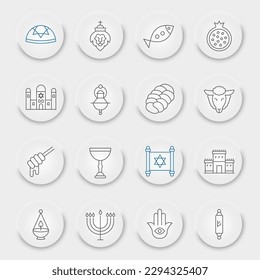 Rosh Hashanah line icon set, shana tova symbols collection, vector sketches, neumorphic UI UX buttons, israel signs linear pictograms package isolated on white background, eps 10.