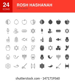 Rosh Hashanah Line Web Glyph Icons. Vector Illustration of Jewish Outline and Solid Symbols. 