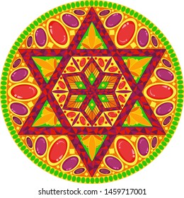 rosh hashanah multicolored beautiful holiday  judaica gems mandala with six pointed star