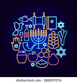 Rosh Hashanah Neon Concept. Vector Illustration of Shana Tova Promotion.