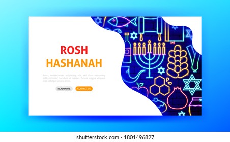 Rosh Hashanah Neon Landing Page. Vector Illustration of Jewish Promotion.